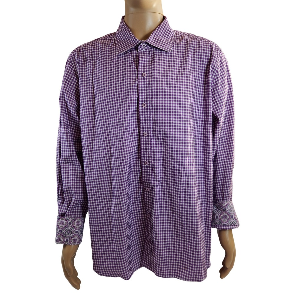 Robert Graham Exclusive Classic Fit Purple Gingham Button Up Shirt 3XL Flip Cuff - Picture 7 of 7
